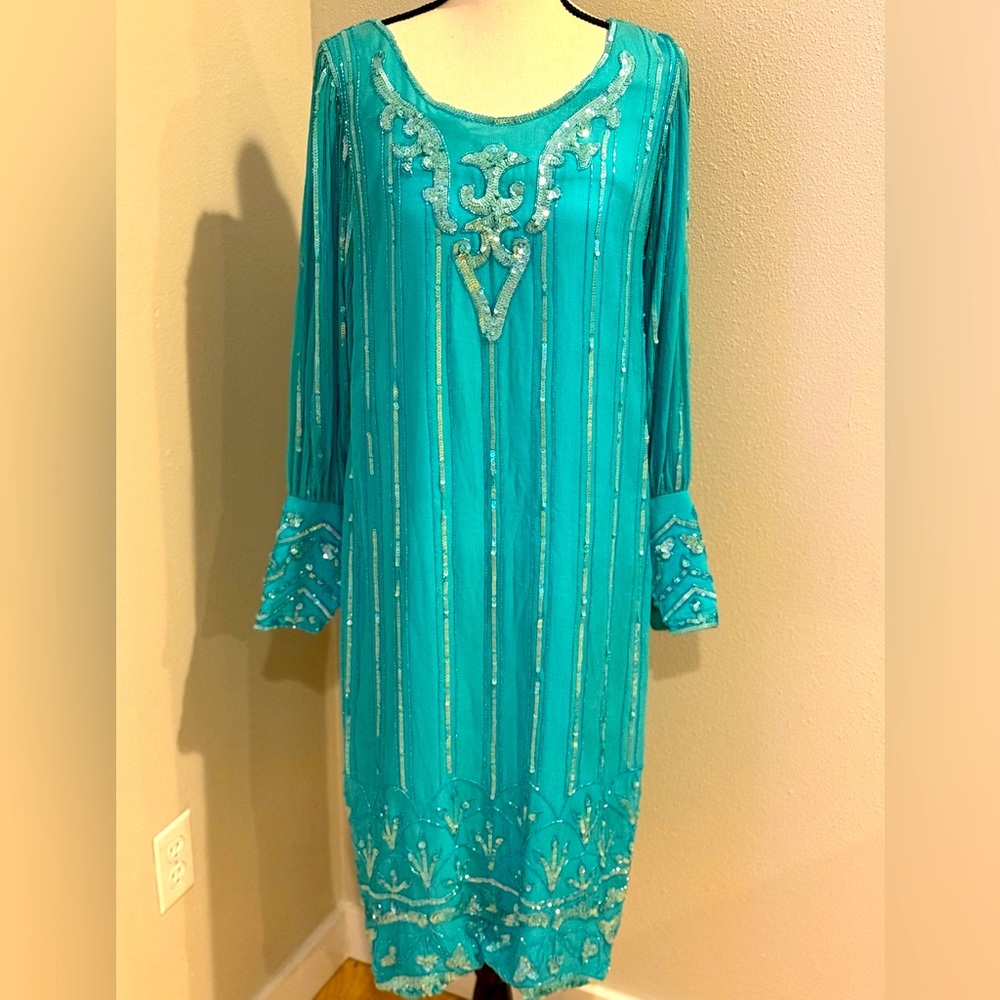 Vintage Teal Blue Silk Sequin + Beaded Art Deco/ Flapper Dress